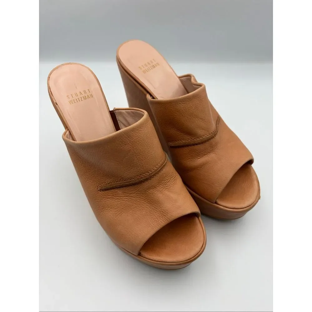 Stuart Weitzman Leather Platform Wedge Slide Sandals Tan Size 8 - Picture 11 of 12